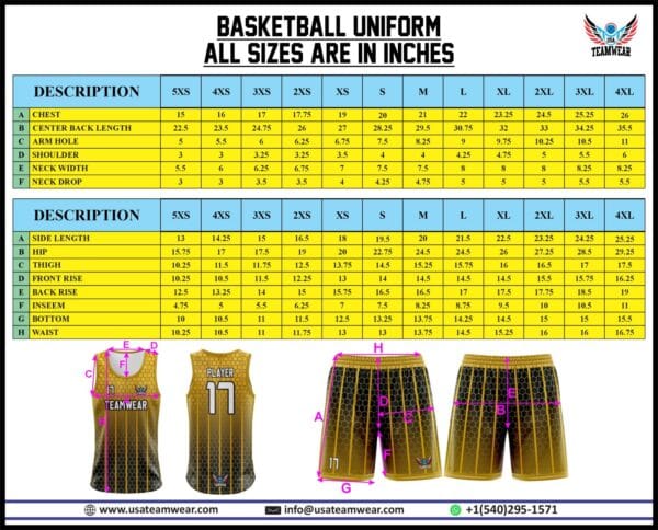 BASKETBALL UNIFORM SIZE CHART