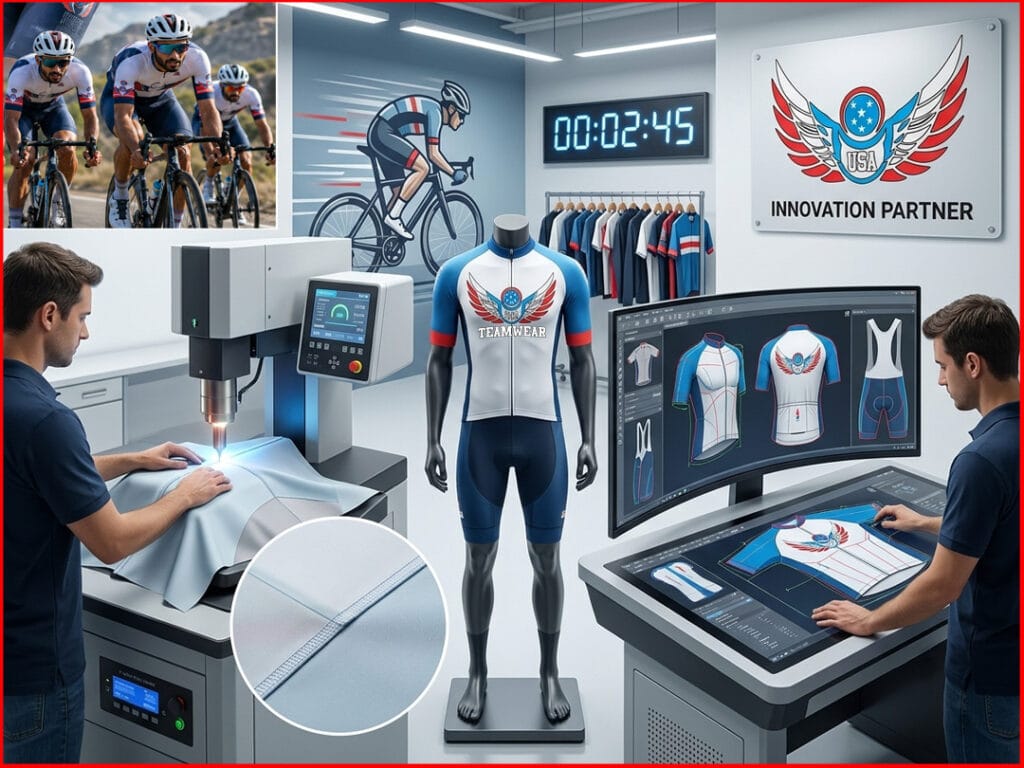 USA TEAMWEAR Discover how sonic-welded seams and 3D pattern cutting create faster, more comfortable custom cycling jerseys